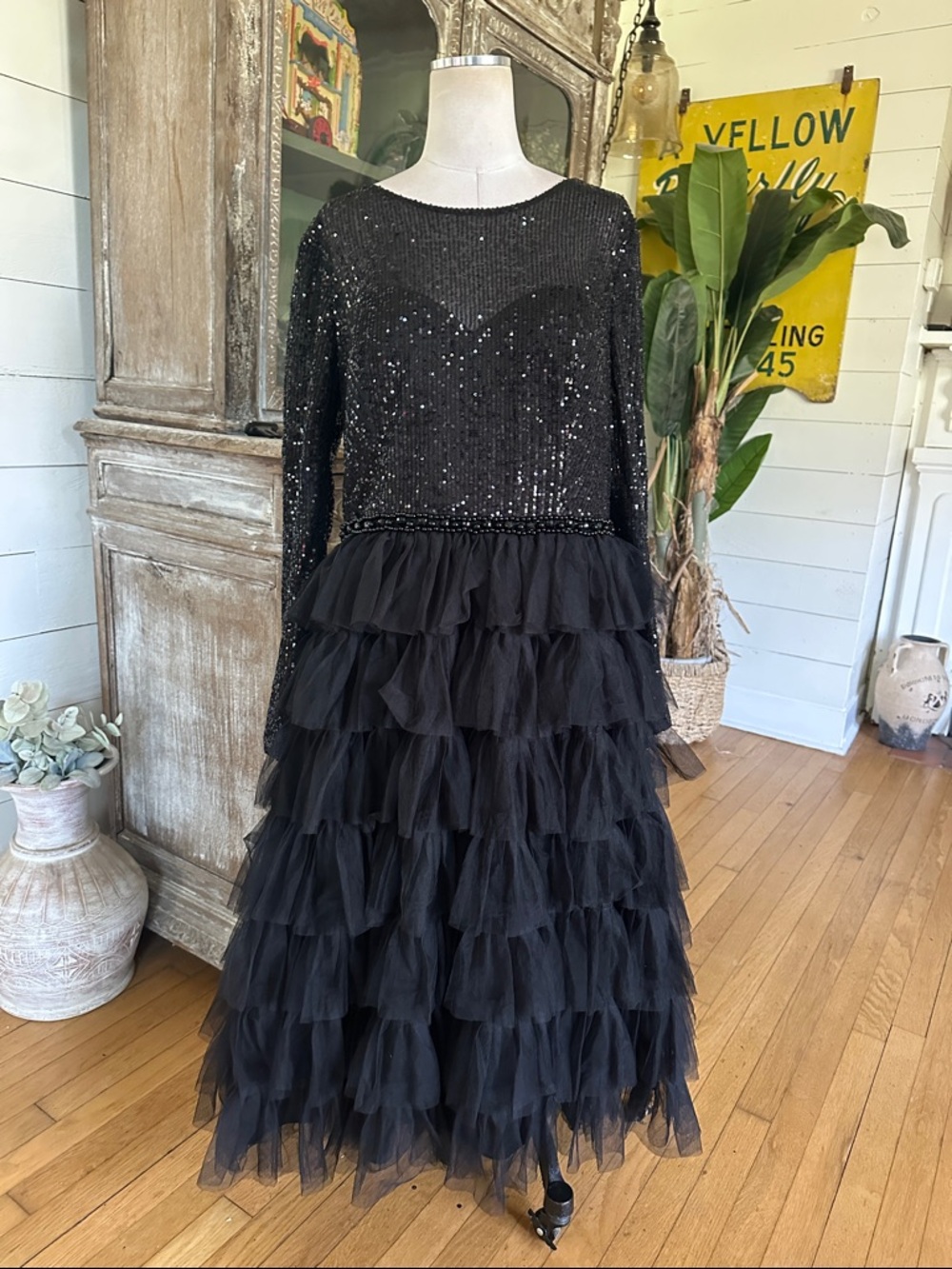 IEENA FOR MAC DUGGAL  Black Long Sleeve Ruffle Tiered Midi Dress 14 EXCELLENT L